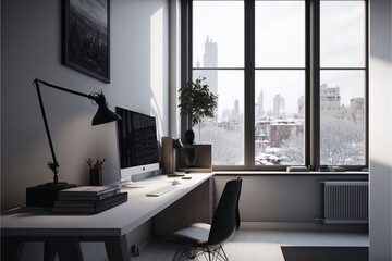 Fototapeta na wymiar Minimalist Office with a City View: A Modern and Efficient Workspace