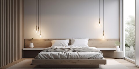 Clean wooden bedroom with natural light comfortable for sleep. Generative AI