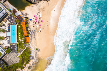 Aerial view of Dreamland Beach in Pecatu on the Bukit Peninsula on the island of Bali, Indonesia
