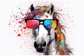 horse in sunglasses realistic with paint splatter abstract  