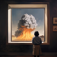 A Woman Looking Through a Window at the Aftermath of an Atomic Bomb. Generative ai.