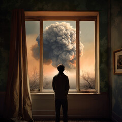 A Boy Gazing Through a Window at the Fallout of an Atomic Bomb. Generative ai.