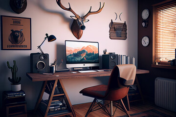 Stylish Steampunk Home Office with Industrial Vibes and Minimalist Design. generative ai