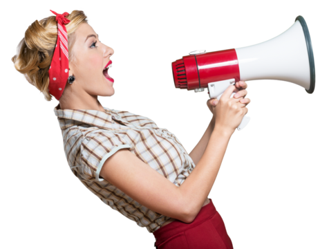 1950s style housewife yelling into a megaphone - isolated image