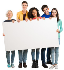 Group of diverse multiethnic happy young people posing with a blank white rectabgular sign with...