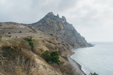View of the crest of the coastal ridge Karagach in spring. Karadag Reserve. Crimea