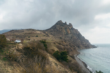 View of the crest of the coastal ridge Karagach in spring. Karadag Reserve. Crimea