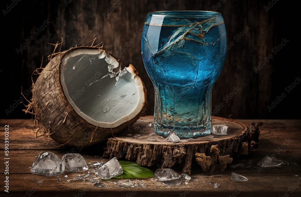 Poster a refreshing blue drink in a glass and a wooden table with a fracture in it suggest a generative ai