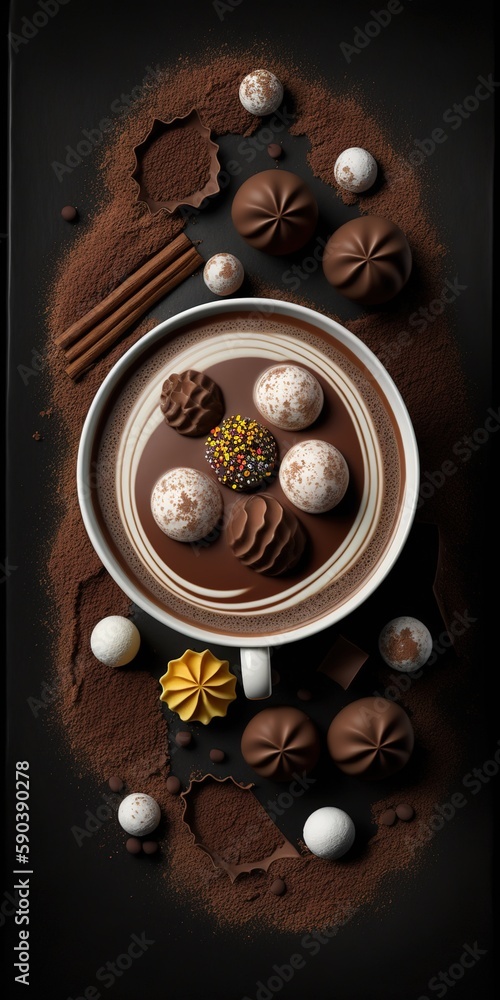 Poster Close-up of a cup of cocoa and several truffles Generative AI