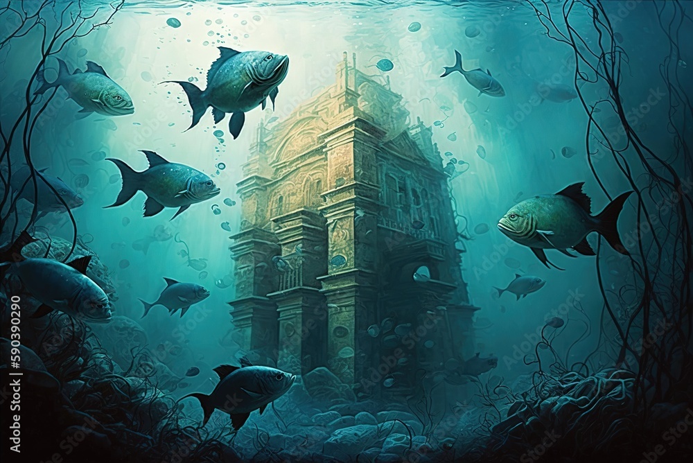 Poster creative artwork in the form of a digital illustration showing a metropolis that is submerged in wat