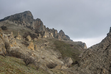 Rocks in Dead city. Khoba-Tele Ridge of Karadag Reserve in spring. Crimea