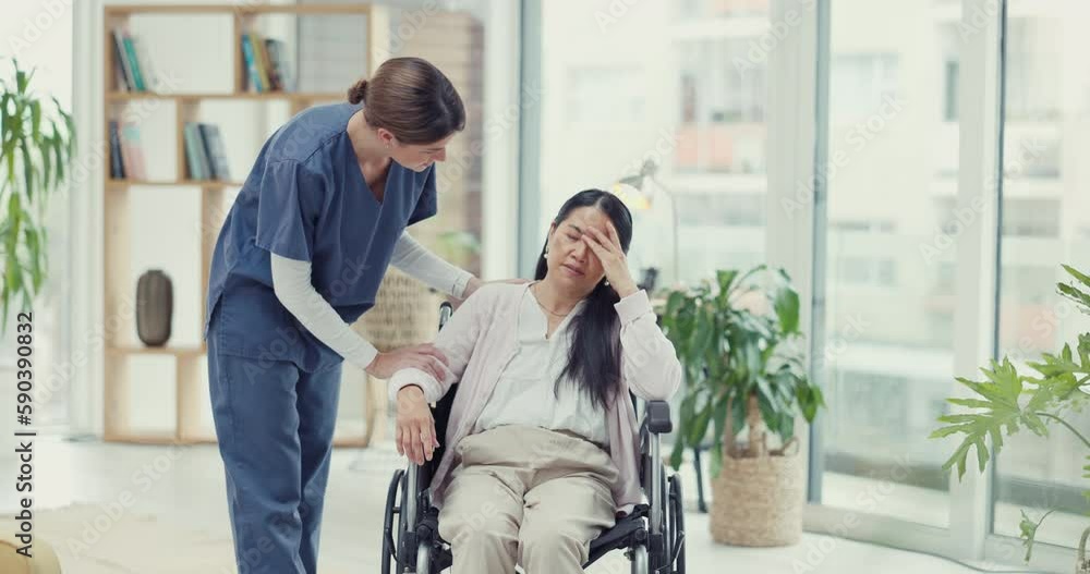 Poster Stress, wheelchair or nurse talking to sad woman of medical report results or bad news of rehabilitation. Health consultation with a doctor speaking or explaining to person with disability