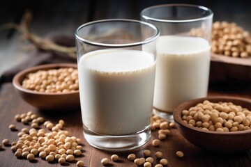 a glass of milk with wheat grain on wooden table
