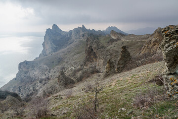 Bizarre rocks in Dead city. Khoba-Tele Ridge of Karadag Reserve in spring. Crimea