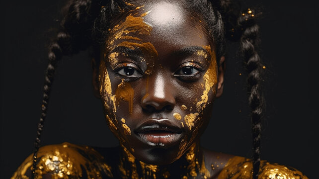 Premium AI Image  A woman with black and gold face paint and gold paint