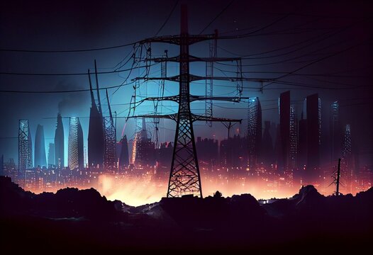 Blackout concept The energy crisis in the EU caused by voluntaristic energy policy has failed transition renewable energy Blackout concept. Silhouette of night city on the background. Generative AI
