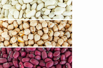 A variety of legumes with a scoop. White and red beans and chickpeas. Health and natural products. Collage, set. Close-up. Panorama format. White space for text.