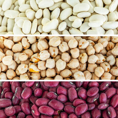 A variety of legumes with a scoop. White and red beans and chickpeas. Health and natural products. Collage, set. Close-up. Panorama format.