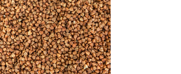 Grains of brown buckwheat. Health and natural products. Close-up. White space for text.