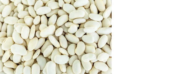 Dry white beans. Health and natural products. Close-up. Background. Space for text. Top view. White space for text.