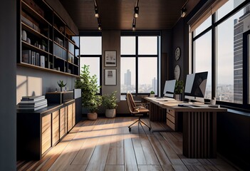Fototapeta na wymiar Contemporary two floors wooden and concrete duplex office interior with panoramic city view, furniture and daylight. 3D Rendering. Generative AI