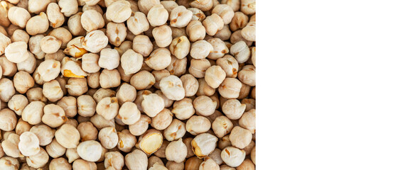 Dry chickpeas. Health and natural products. Close-up. Background. Space for text. Top view. White space for text.