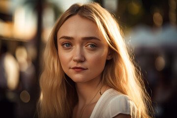 A woman with blonde hair and a white shirt stands in front of a blurred background. Generative Ai