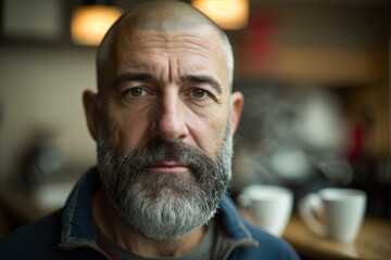 Fototapeta premium A man with a beard and mustache is standing in front of a coffee shop. Generative Ai