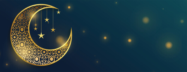 celebrate eid-ul-fitr occasion shiny banner with golden arabic crescent design © starlineart