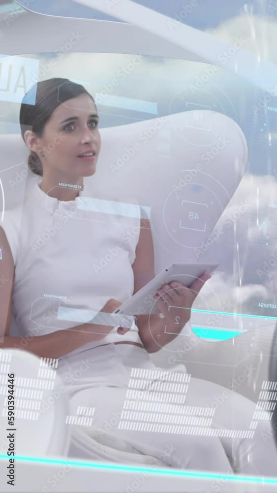 Poster animation of data processing over woman using tablet in self drive car