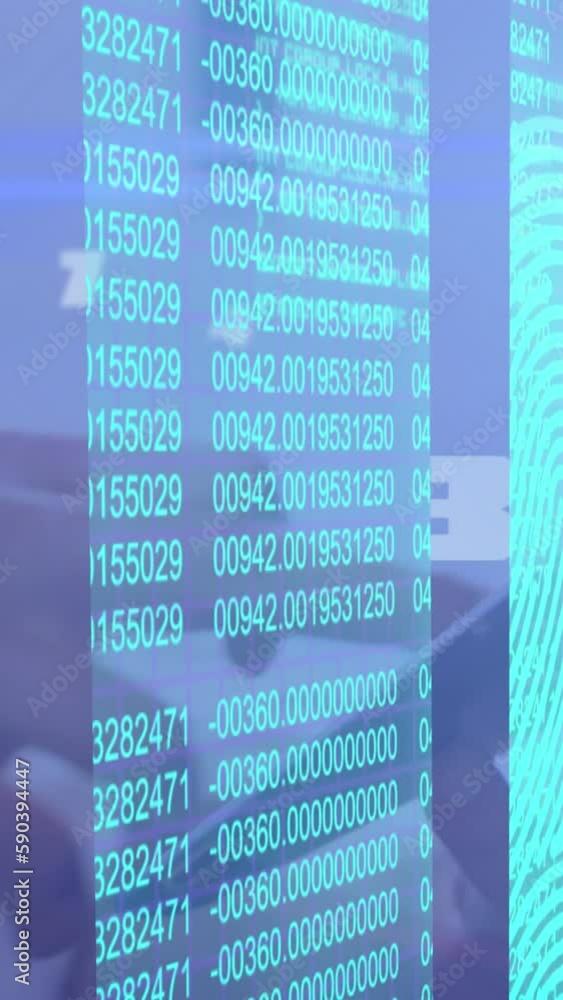 Poster animation of biometric fingerprints and data processing over woman using tablet
