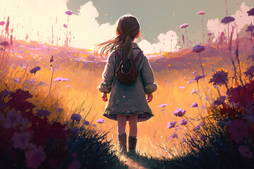 Lonely little girl child with a backpack in a flower field, back view. Childhood illustration, Generative AI