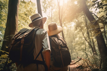 Obraz premium Seniors, retirement travel, active old age. Rear view of an elderly couple of travelers, husband and wife together in hats and with backpacks in forest on hike. Generative AI
