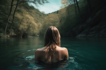 Wild swimming, rest recovery, water relaxation concept. Rear view of a lonely blonde woman standing in a lake in a forest in nature, close-up. Generative AI.