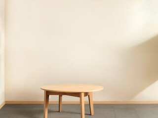 Empty top wooden shelves and wall background.