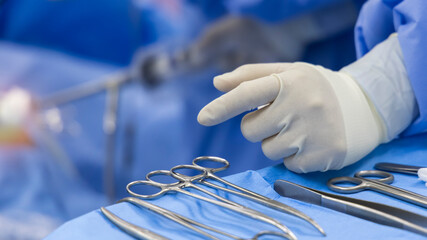 A surgeon or Doctor with nurse team in blue uniform did surgery inside operating room in...