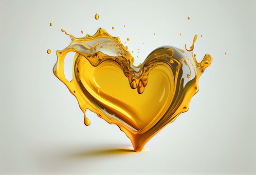 Wave splash of yellow oil in form of heart shape isolated on white background, concept for love or valentine. 3D illustration. Generative AI