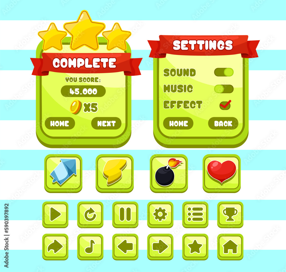 Aufkleber button set designed game user interface (gui) illustration for video games, computers.