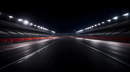 Fototapeta na wymiar Empty racing track with illuminated lights in night, Empty racing track with empty grandstand or bleacher seats, Realistic racecourse view with track lights or stadium lights, generative ai