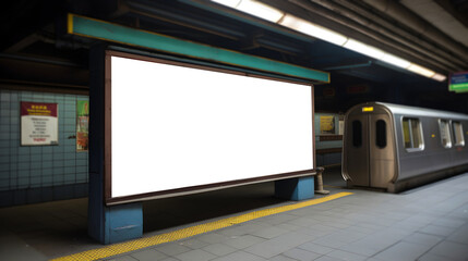 Empty subway billboard mockup, Blank white landscape advertisment billboard in subway station for marketing banner, Ad display space at underground subway