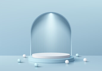 3D background with realistic white and blue cylinder podium. Arch gate and balls. Abstract minimal wall scene. Pastel mockup product display. Geometric platforms. Stage showcase. 3D vector rendering.