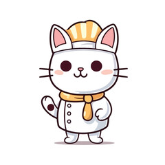 Mascot cartoon of cute smile cat chef wearing chef hat cap and uniform. 2d character vector illustration in isolated background