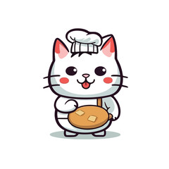 Fototapeta premium Mascot cartoon of cute smile cat chef wearing chef hat cap and uniform. 2d character vector illustration in isolated background