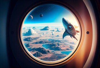Spaceship flies near the amazing blue planet earth, view from the window. Travel and tourists in space, concept. Beautiful space view of the Earth with cloud formation. Hotel in space. Generative AI