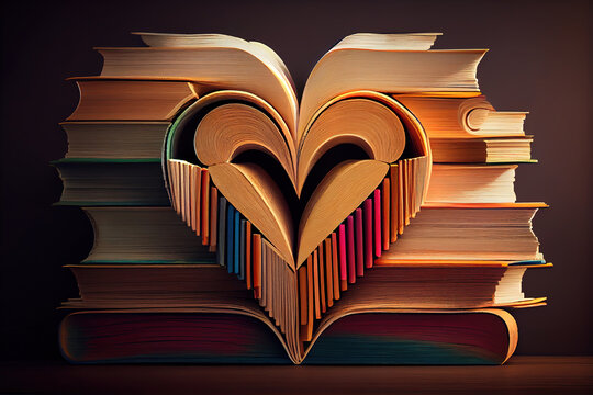 Heart made of books on white wooden rustic space. Generative Ai
