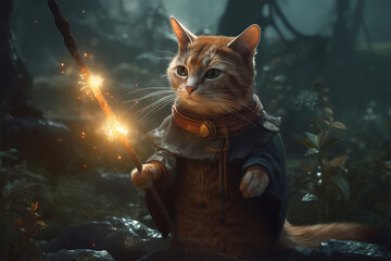 Cute cat magician, fantasy animal illustration. Warrior pet in a mantle and with a magic wand in the forest. Generative AI - obrazy, fototapety, plakaty