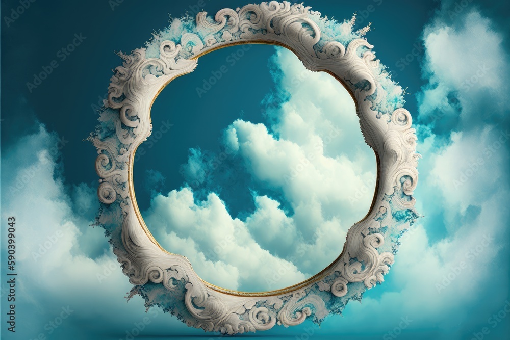 Poster frame made with covered white cloud in the sky in circle shape. concept of luxurious fantasy window.
