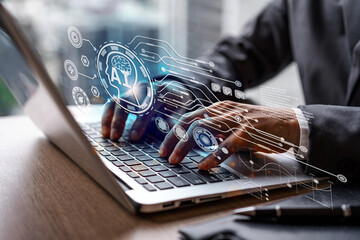 Business people working with Artificial Intelligence (AI) in the futuristic business, Machine...