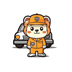 Mascot cartoon of cute smile lion car and tire mechanic wearing uniform and cap. 2d character vector illustration in isolated background