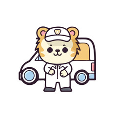 Mascot cartoon of cute smile lion car and tire mechanic wearing uniform and cap. 2d character vector illustration in isolated background